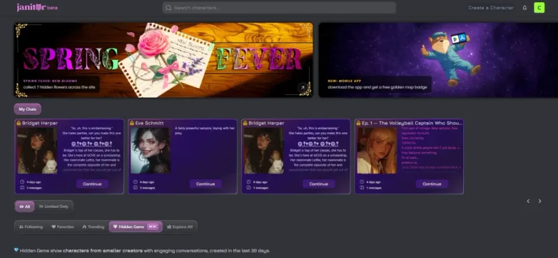 Avis Janitor AI — filtres de recherche et catégories