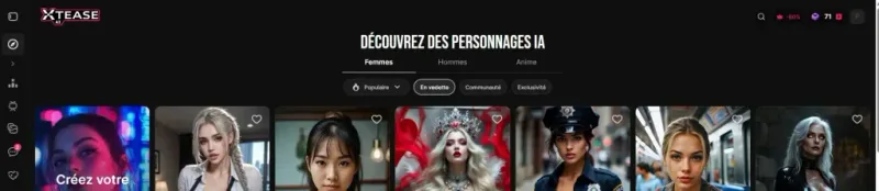 Avis Xtease AI — interface identique à Lovescape en thème sombre
