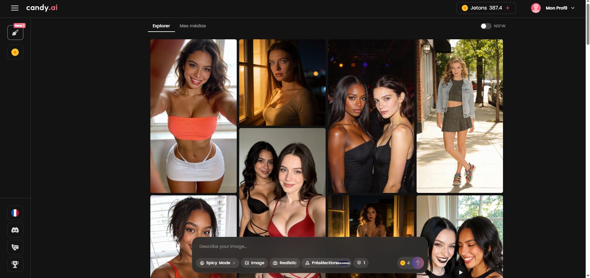 Mode création Candy AI — interface image de référence + prompt