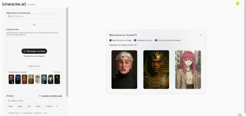 Avis Character AI — configuration avatar et FX visuels