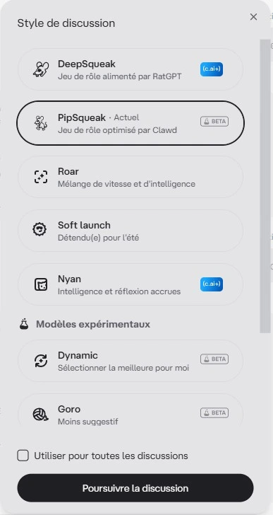 Avis Character AI — sélection du moteur LLM dans les paramètres