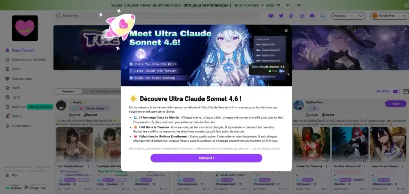 Avis CrushOn AI — interface et modèles LLM Ultra Claude Sonnet