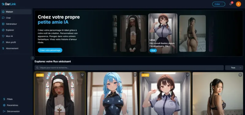 Avis DarLink AI — interface d'accueil et galerie personnages Hentai