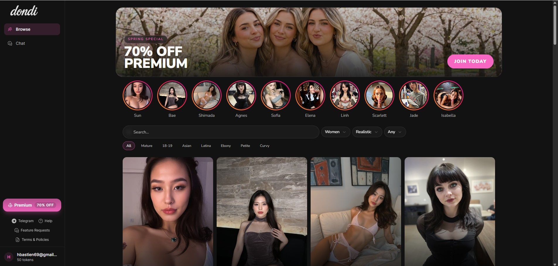 Avis Dondi.ai — page d'accueil Browse avec catalogue de personnages, bandeau Spring Special 70% OFF, filtres par ethnicité