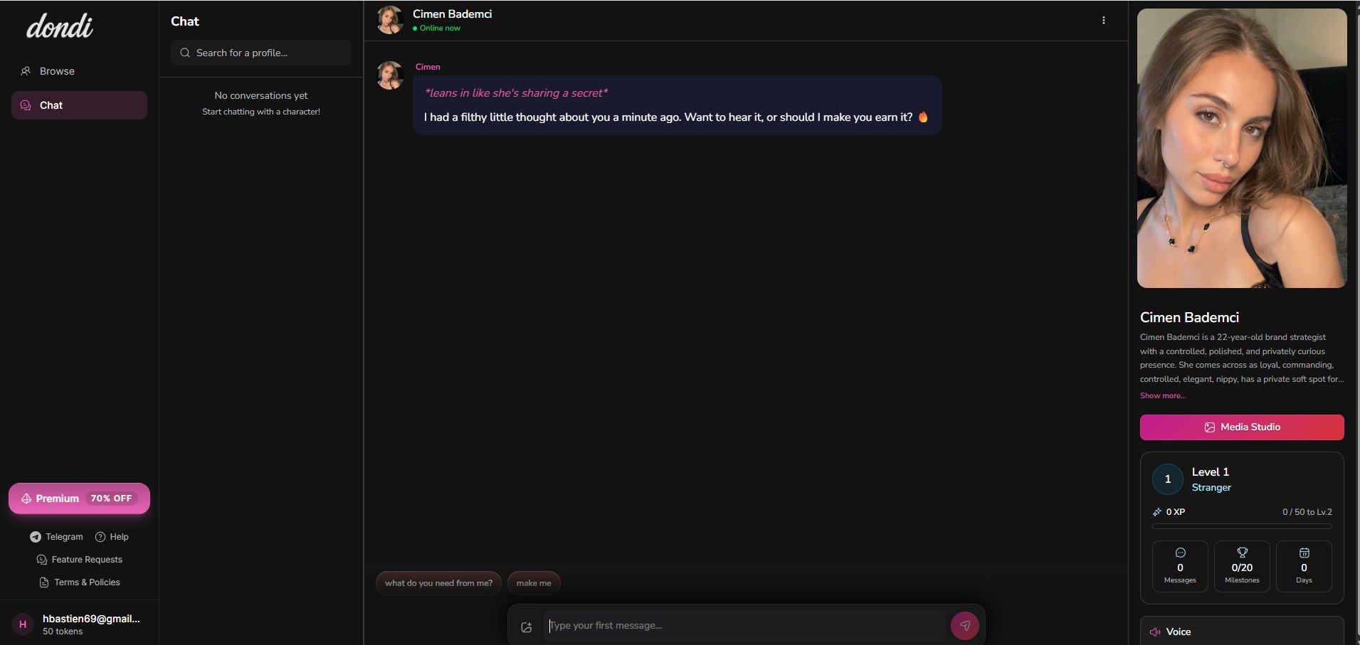 Avis Dondi.ai — interface de chat avec personnage Cimen Bademci, sidebar Media Studio à droite, système de niveau Level 1 Stranger avec barre XP, compteurs Messages / Milestones / Days