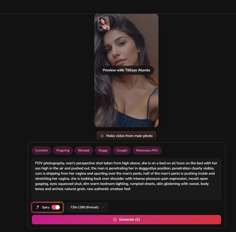 Avis Dondi.ai — interface du Media Studio avec génération vidéo, preview du personnage, tags prédéfinis, prompt assisté détaillé, toggle Spicy et bouton Generate