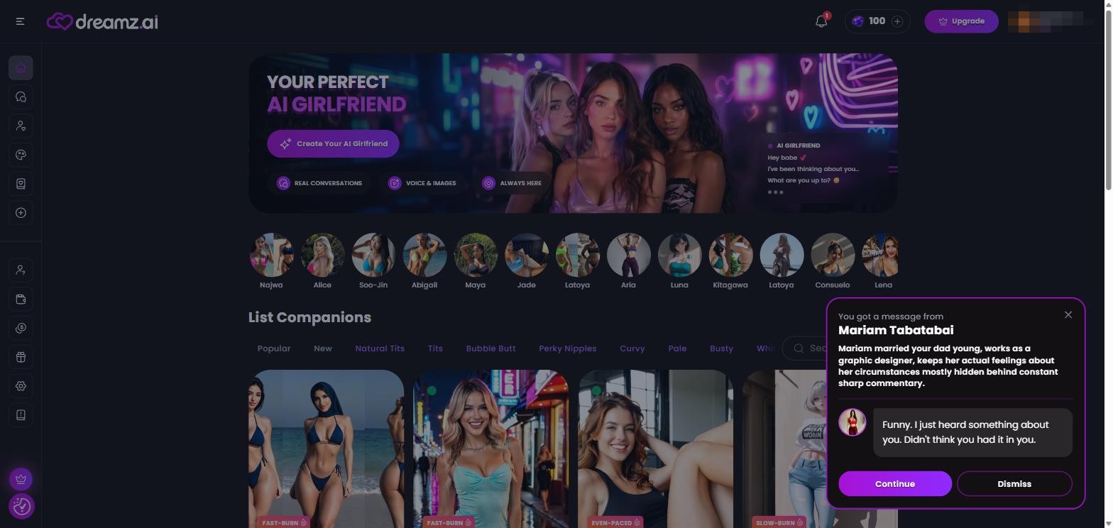 Avis Dreamz.ai — accueil et personnages photoréalistes