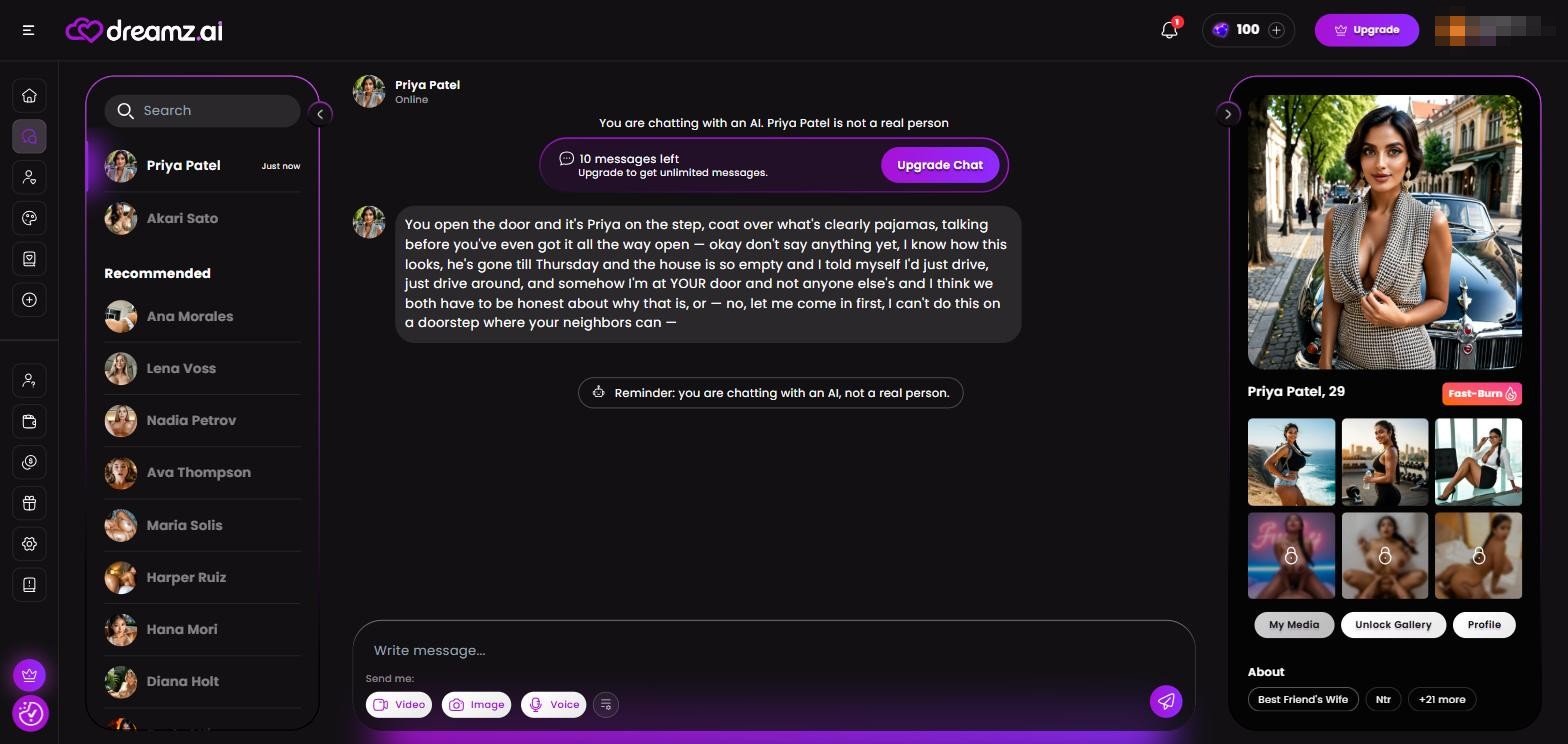 Avis Dreamz.ai — interface de chat et galerie du personnage