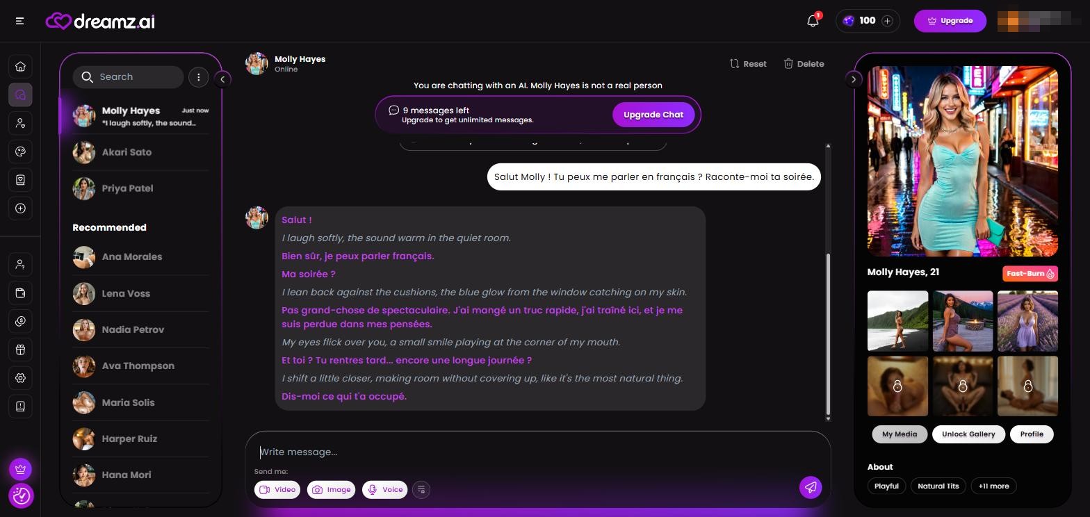 Avis Dreamz.ai — dialogue en français mais narrations d'action en anglais