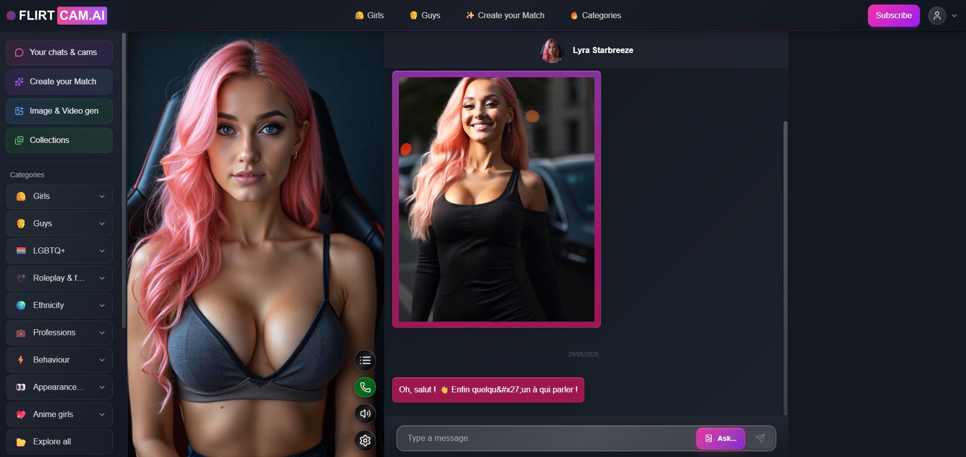 Avis FlirtCam.AI — sidebar catégories et navigation
