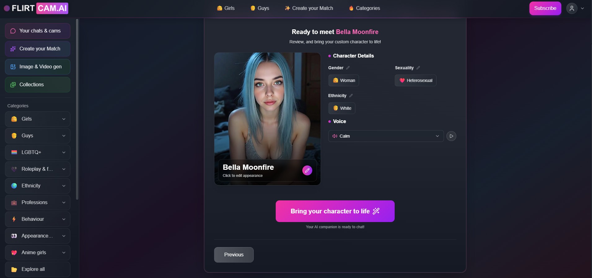Avis FlirtCam.AI — page de personnalisation détaillée d'un personnage