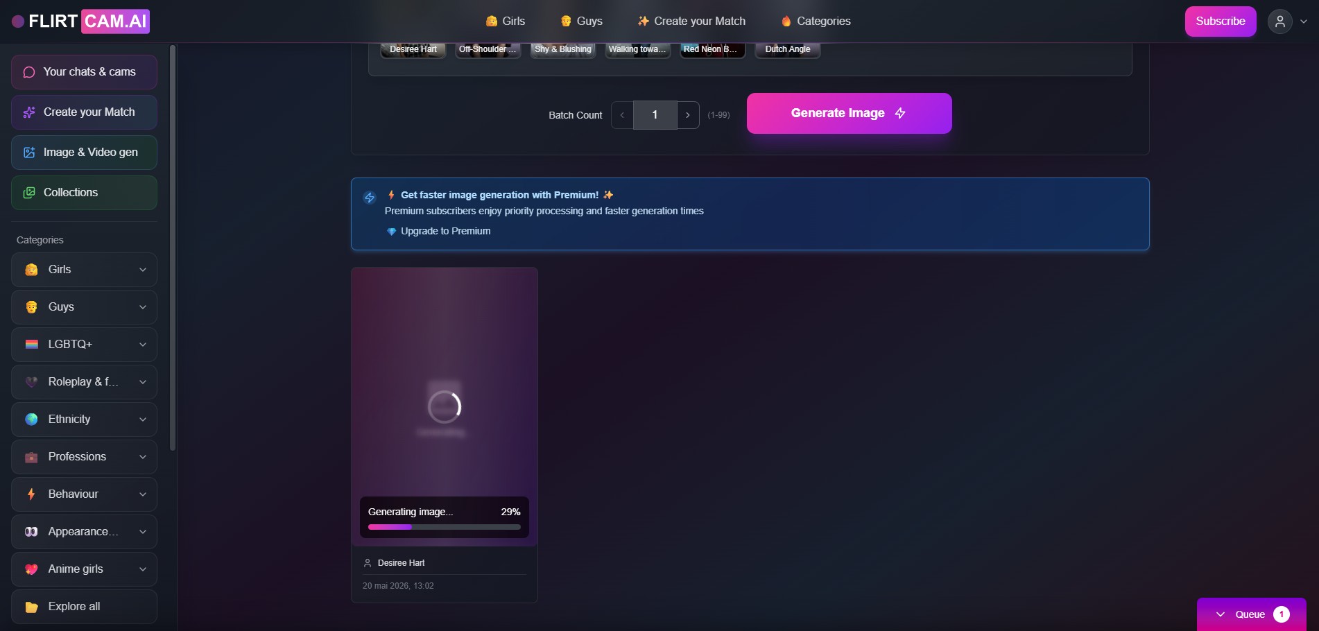 Avis FlirtCam.AI — interface de génération d'image dans le chat