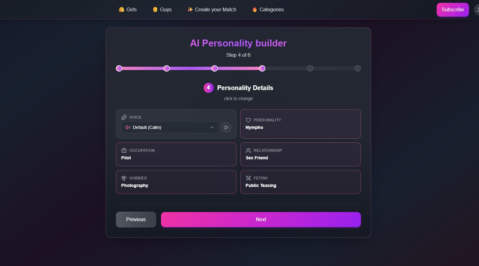 Avis FlirtCam.AI — AI Personality builder étape 4 sur 6 : personnalité, occupation, relation, hobbies, fetish