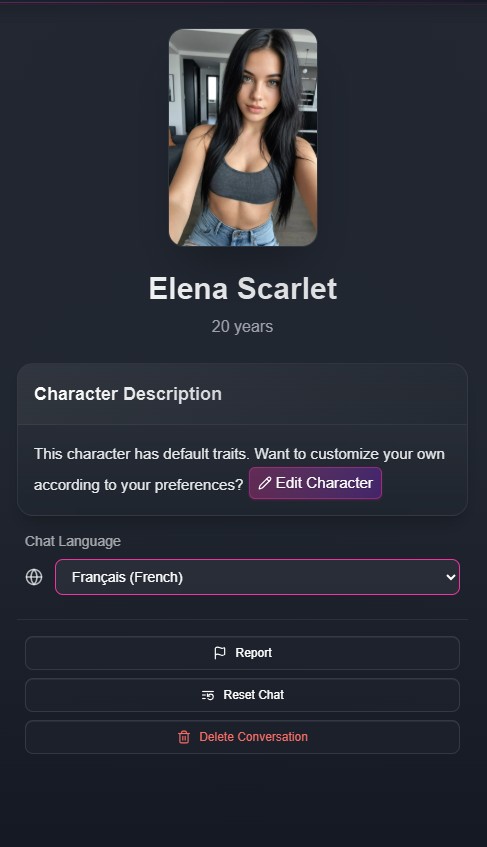 Avis FlirtCam.AI — sélecteur de langue par personnage, français disponible