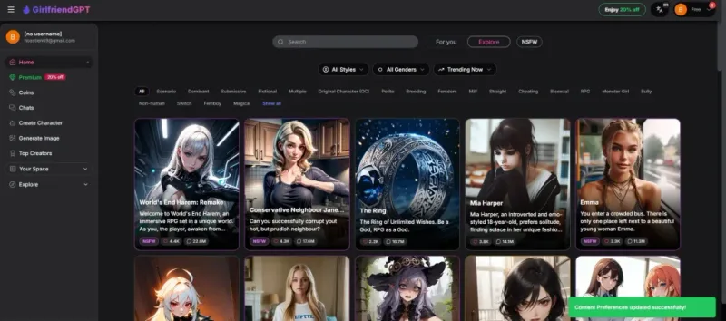 Avis GirlfriendGPT — catalogue ultra-large et tags NSFW
