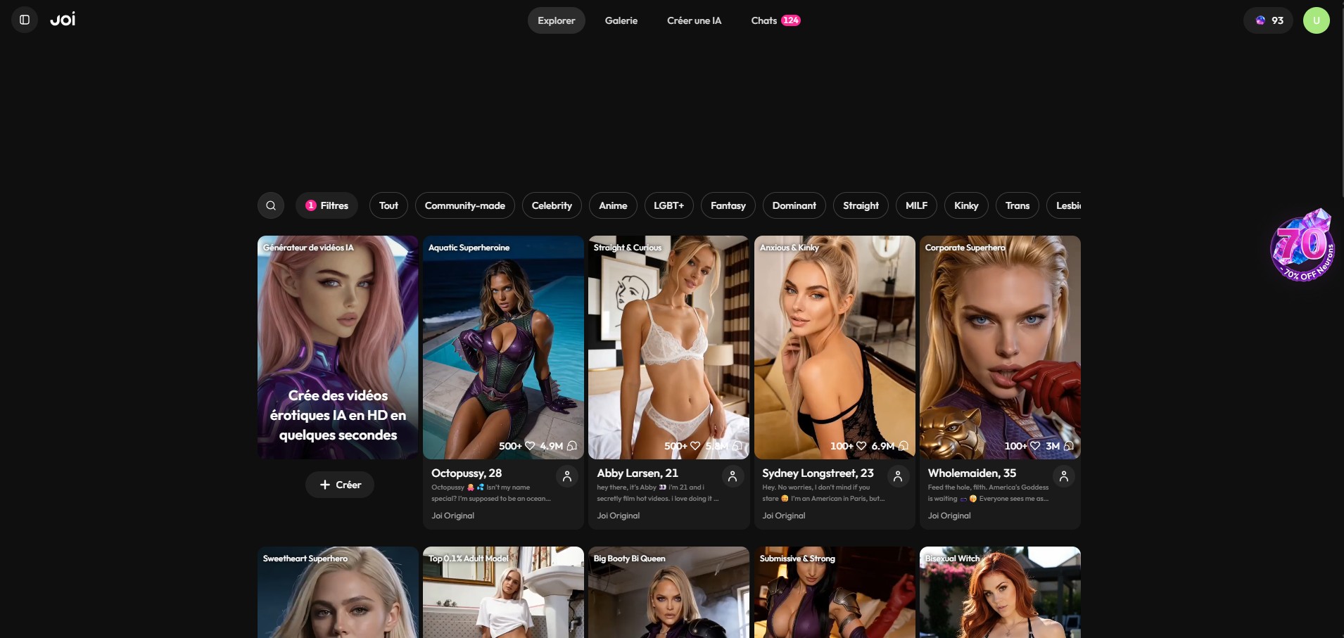 Joi AI : galerie de personnages, point d'entrée vers le générateur
