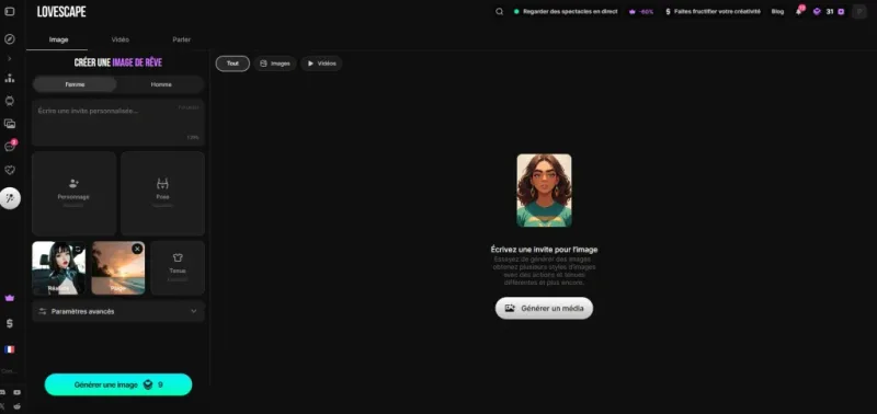Avis Lovescape — interface de création d'image avec onglets Femme/Homme