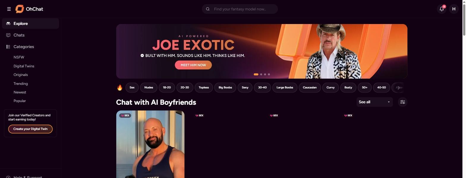 OhChat avis — le toggle Female/Male : un catalogue de companions masculins "AI Boyfriends"