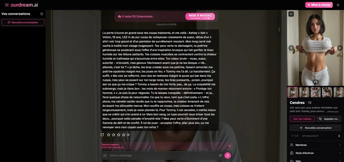 Avis OurDream AI — chat Ashley Cendres narratif immersif