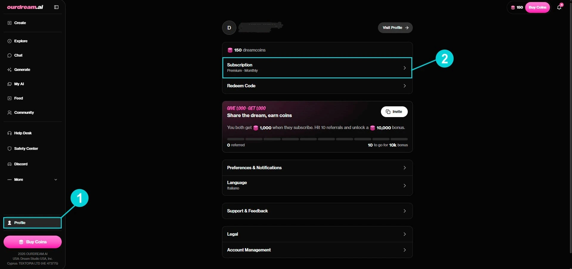 OurDream AI : page profil, accès à la carte Subscription