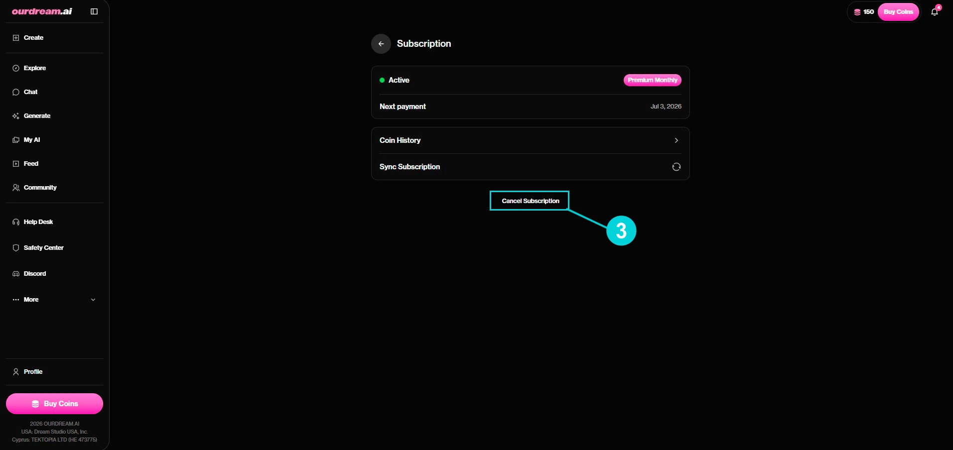OurDream AI : page Subscription, bouton Cancel Subscription