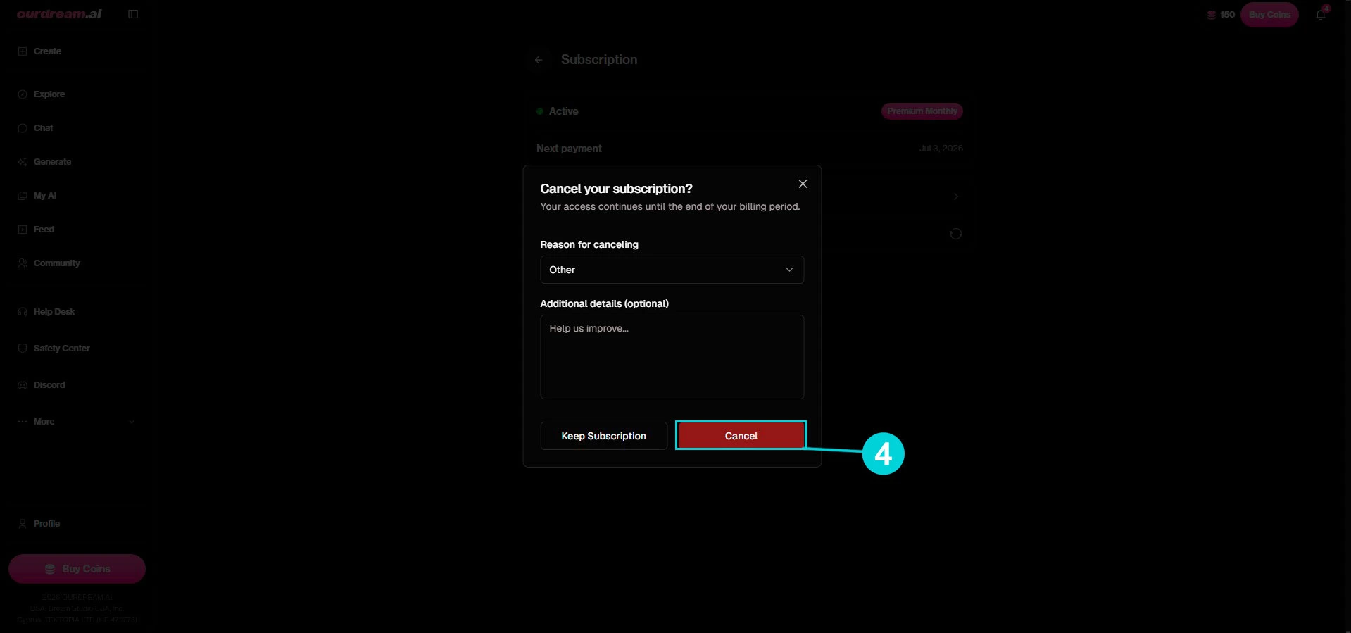 OurDream AI : fenêtre de confirmation Cancel your subscription
