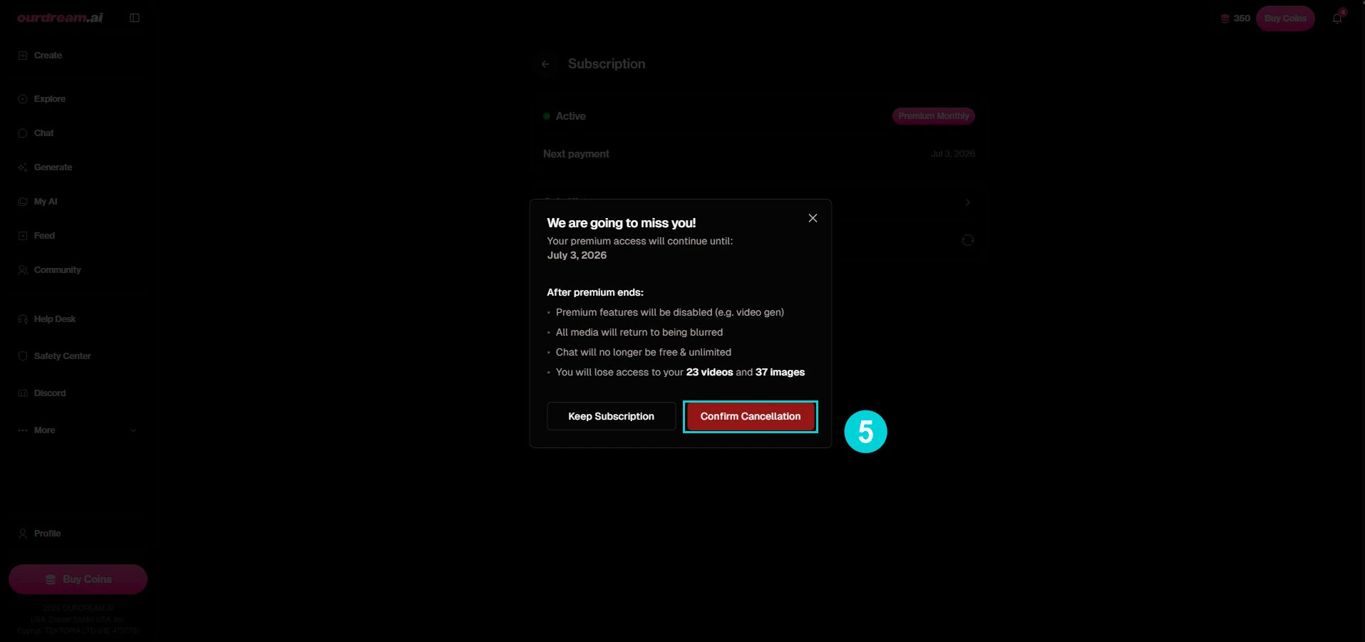 OurDream AI : récap de fin d'abonnement et Confirm Cancellation