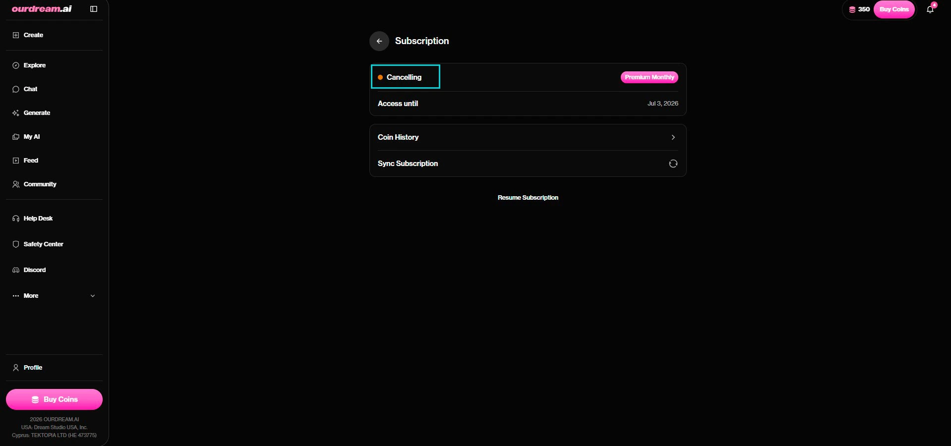 OurDream AI : statut Cancelling, accès jusqu'à la date, Resume Subscription