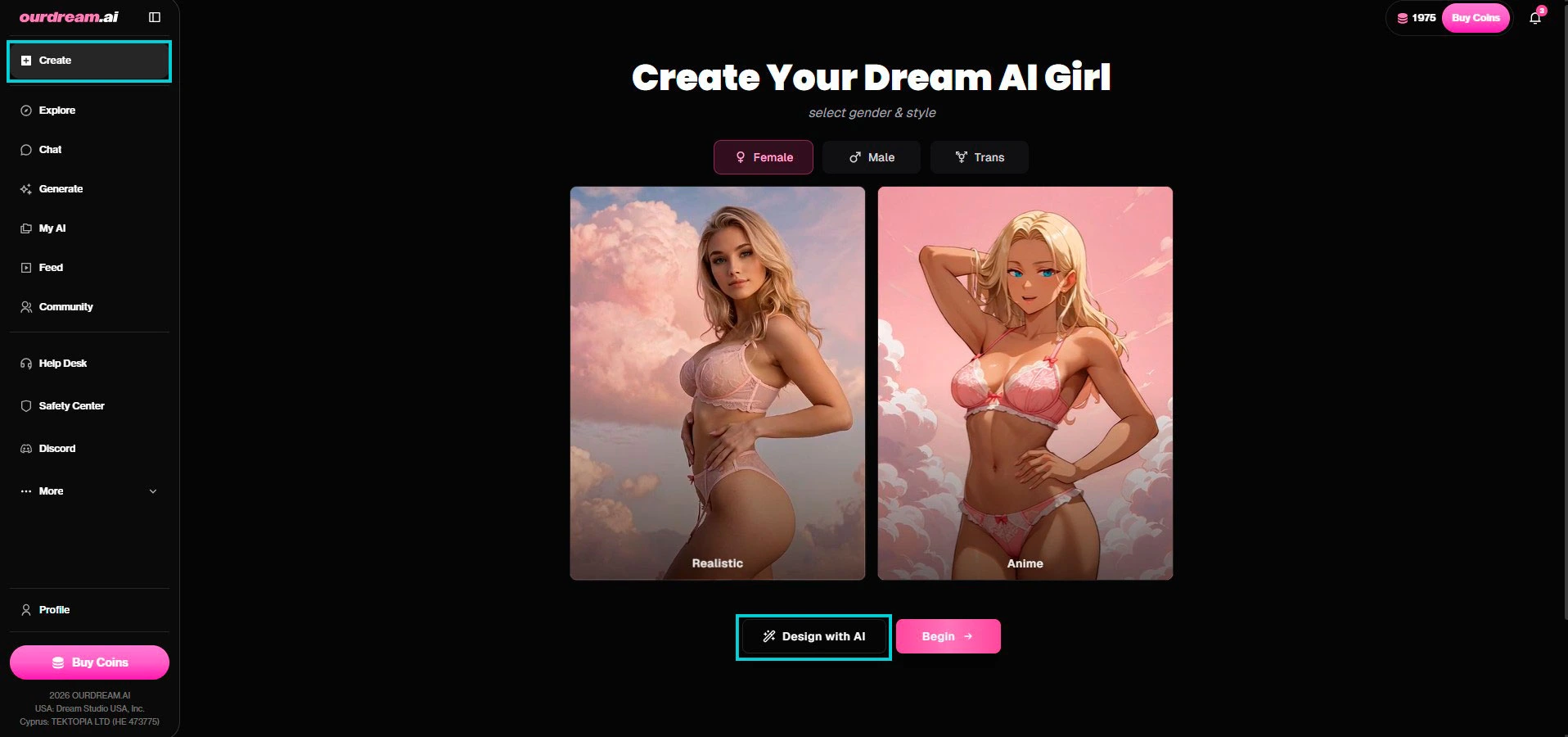 OurDream AI : page Create Your Dream AI Girl, bouton Design with AI