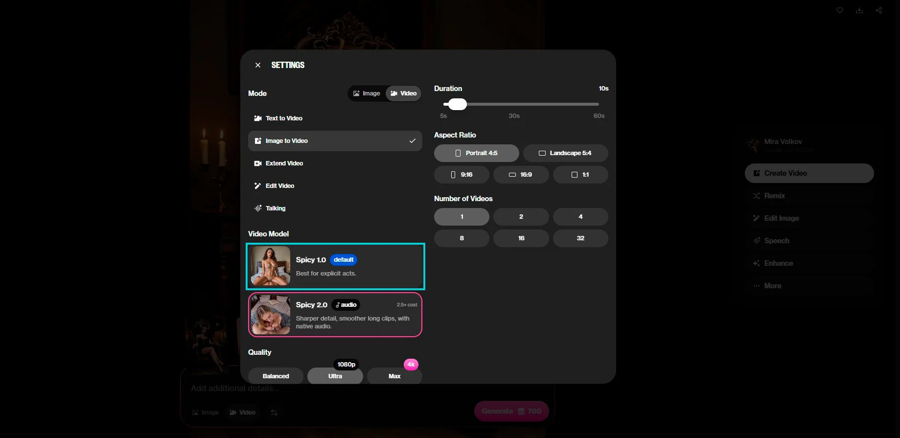 OurDream AI : réglages vidéo — durée, modèle Spicy, qualité