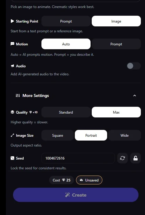 Promptchan : panneau Animate — Starting Point, Motion, Audio, Quality, Image Size, Seed et coût en Gems