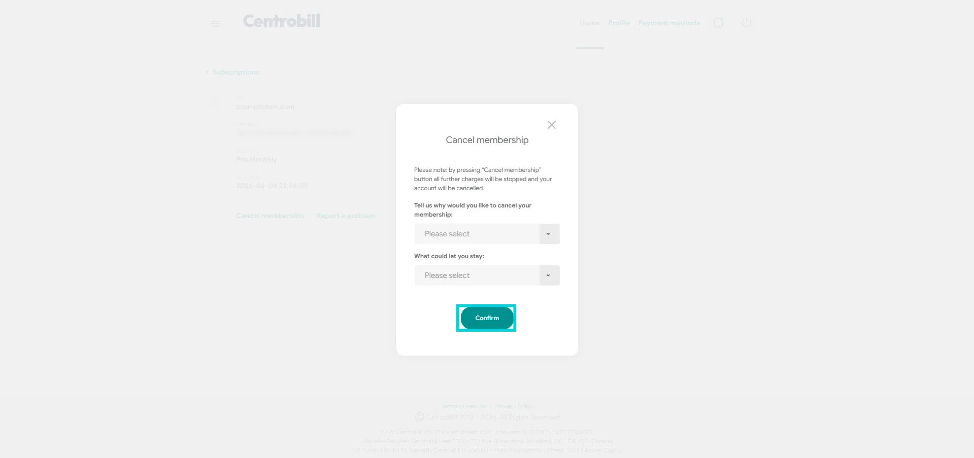 Centrobill : pop-up Cancel membership, bouton Confirm