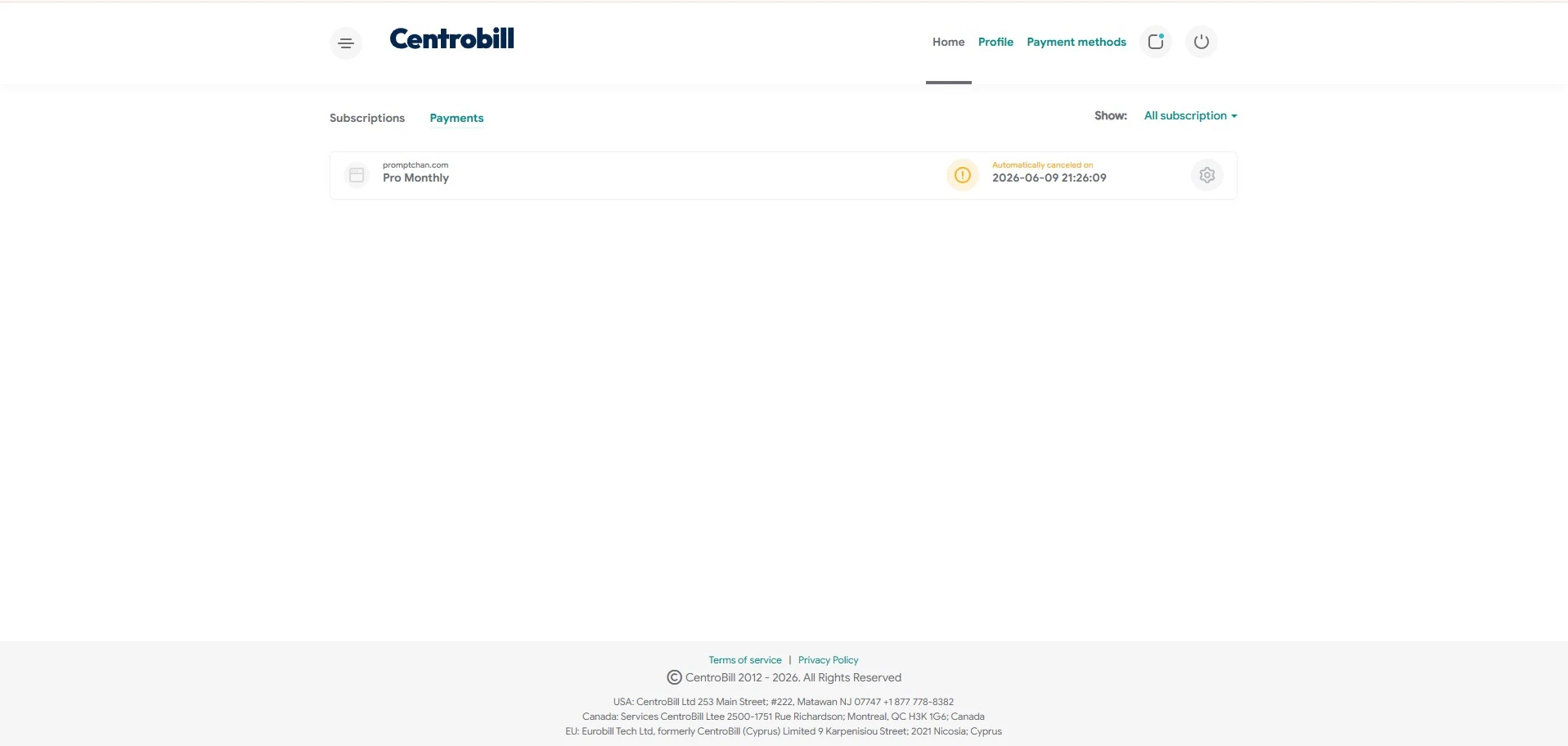 Centrobill : abonnement Automatically canceled on, résiliation confirmée