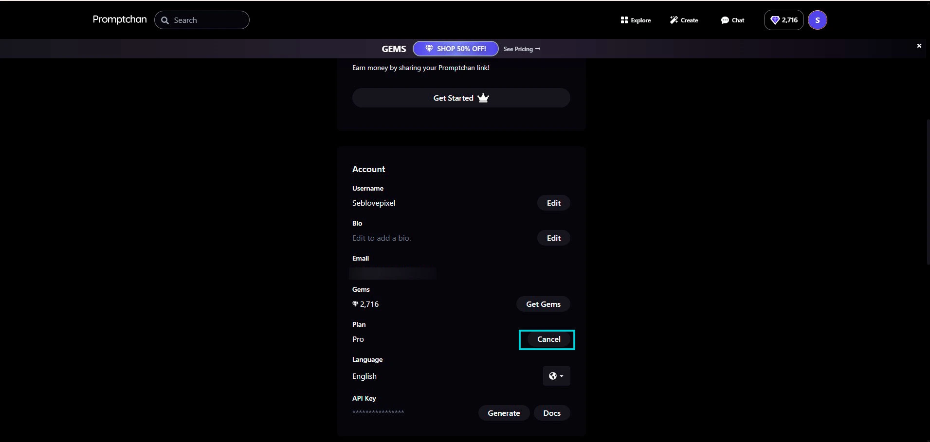 Promptchan : section Account, bouton Cancel à côté du plan Pro