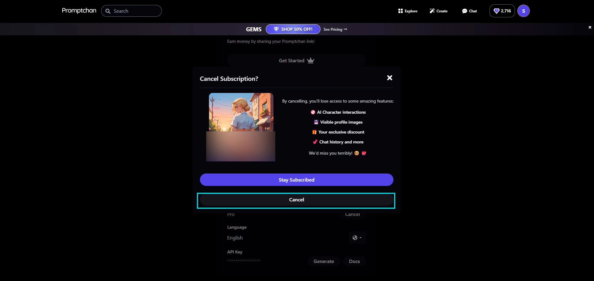 Promptchan : pop-up Cancel Subscription, ce que tu perds en annulant