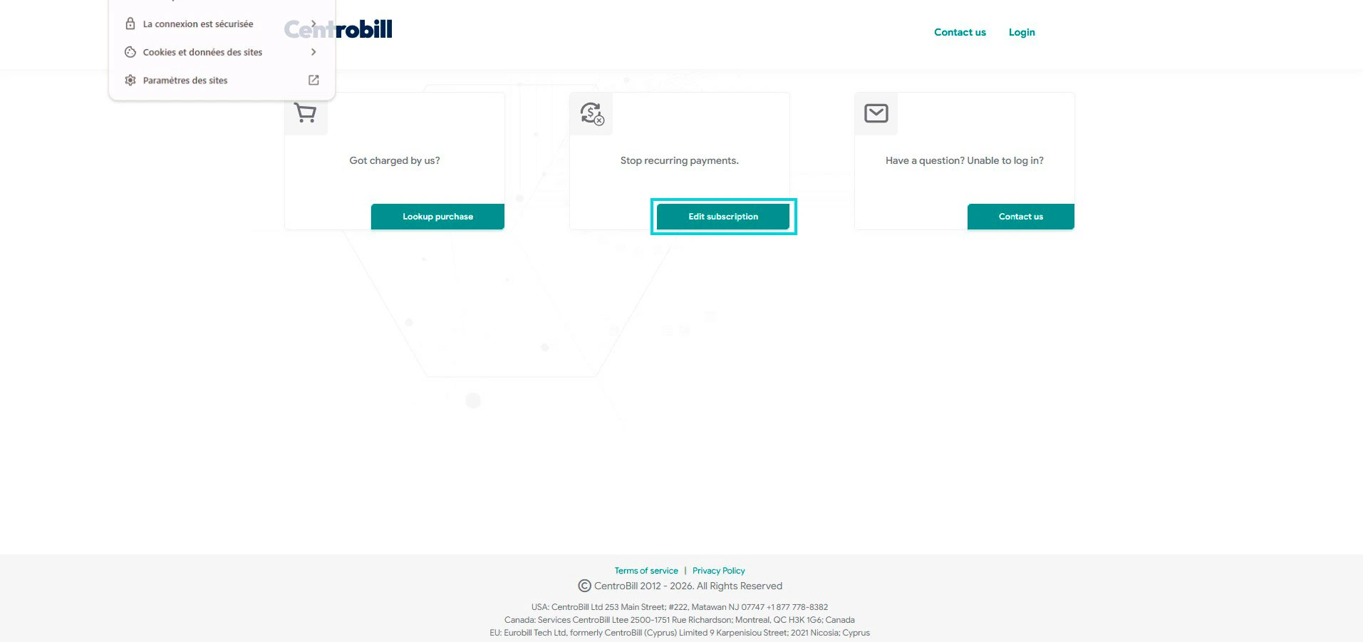 Centrobill : Stop recurring payments, bouton Edit subscription