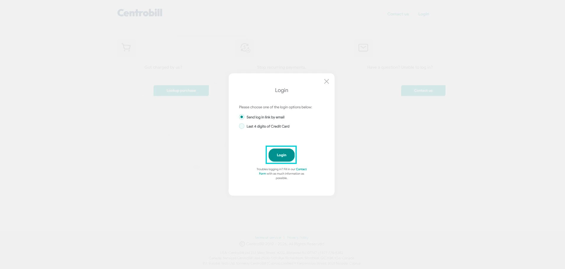Centrobill : choix de la méthode de connexion (lien email ou 4 chiffres carte)