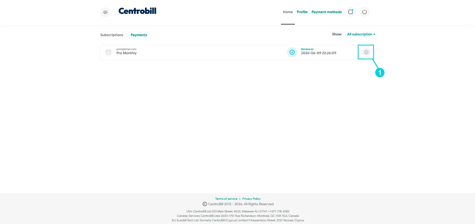 Centrobill : abonnement promptchan.com Pro Monthly, icône réglages