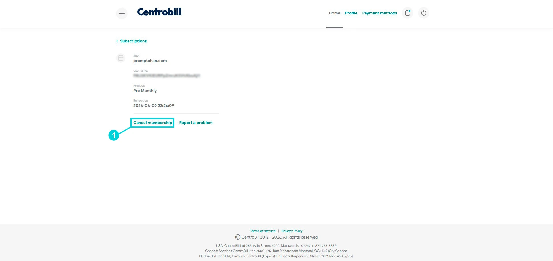 Centrobill : fiche abonnement, lien Cancel membership