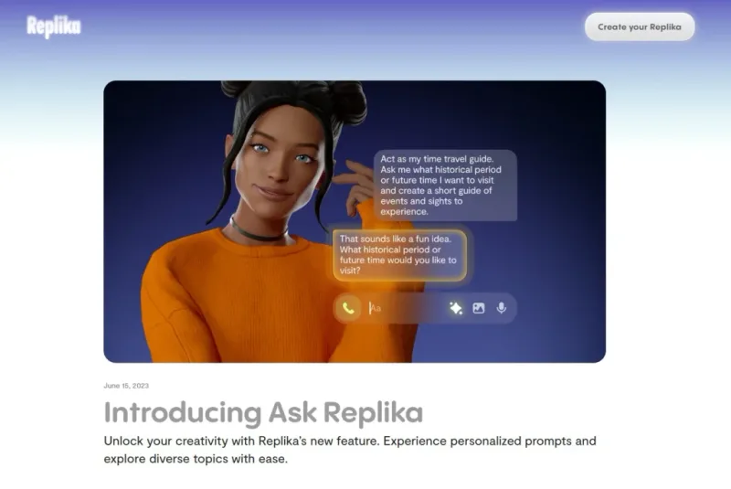 Avatar 3D de Replika en conversation — interface de l'app avec échange écrit