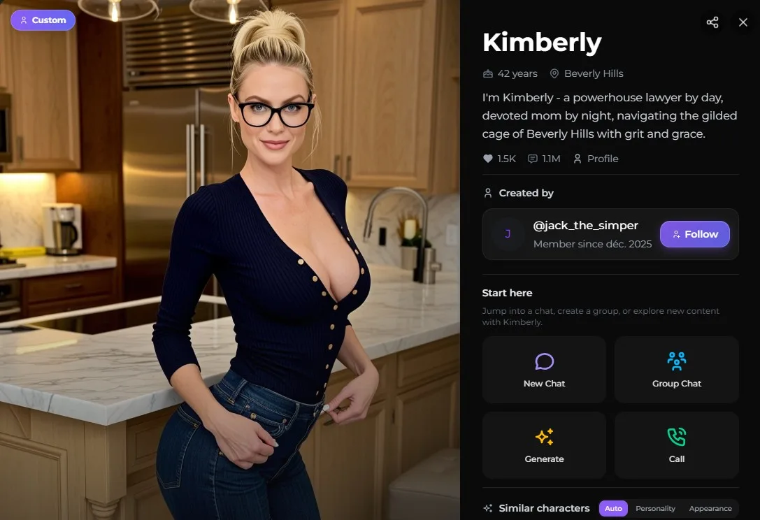 Avis Secrets AI — fiche personnage Kimberly, 42 ans, Beverly Hills — exemple de background mature et travaillé