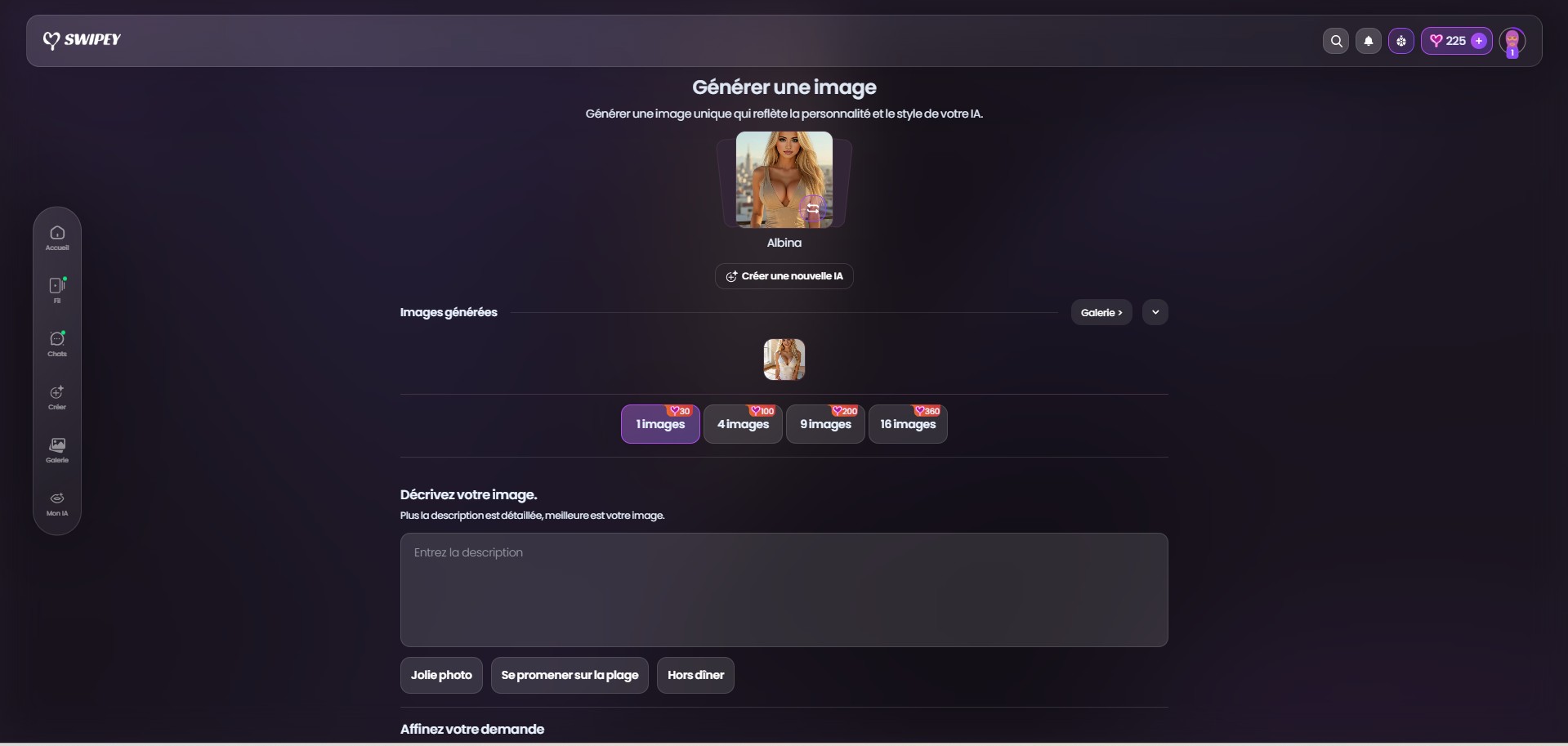 Swipey AI : interface de génération d'image avec Albina, tiers de coût et suggestions de prompt