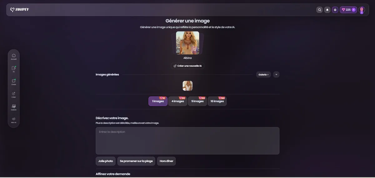 Swipey AI : interface de génération d'image avec Albina, tiers de coût et suggestions de prompt