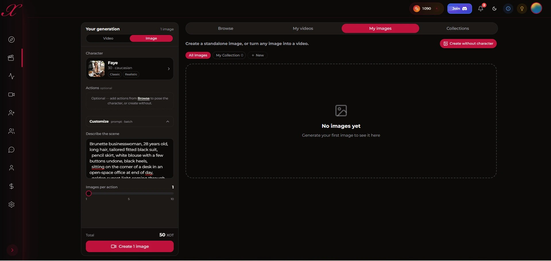 Xotic AI : configuration d'une image avec personnage Faye et prompt businesswoman détaillé