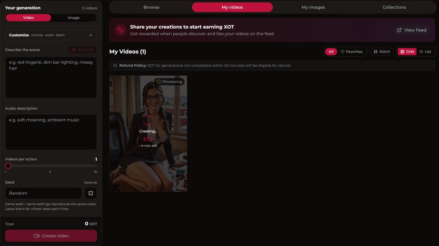 Xotic AI : interface génération vidéo avec audio description, seed et refund policy
