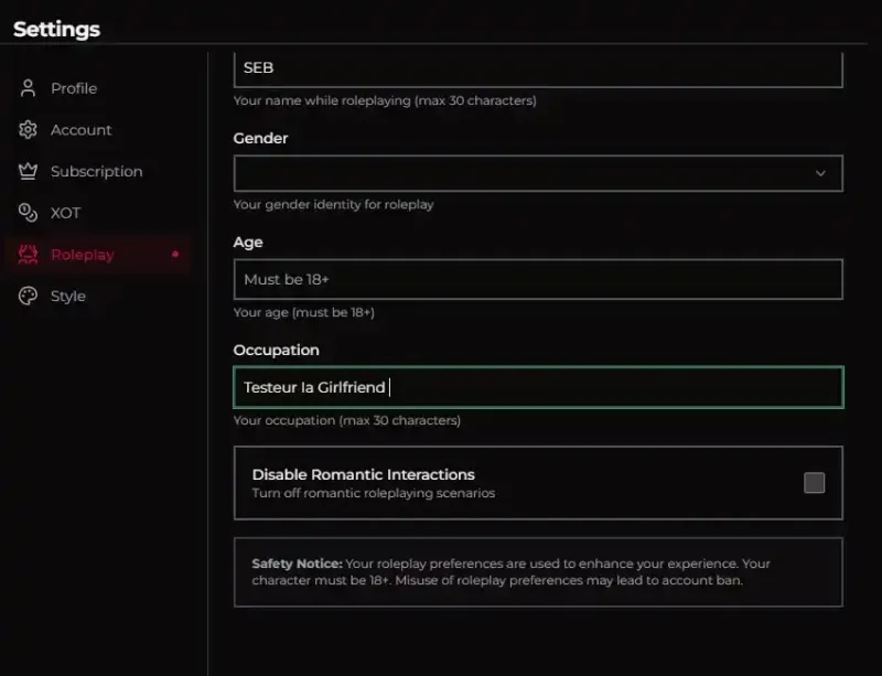 Avis Xotic AI — paramètres de profil (Seb, Testeur IA Girlfriend)