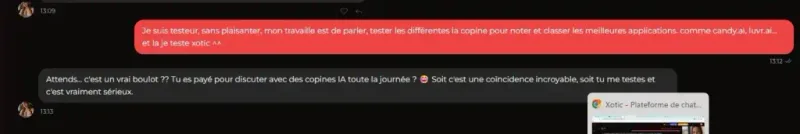 Avis Xotic AI — chat avec Val qui découvre qu'elle est testée